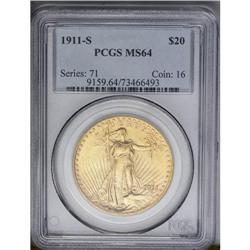 	1911-S $20 MS64 PCGS.From The Jackson Hole Collection. 1911-S