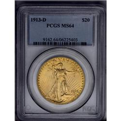 	1913-D $20 MS64 PCGS. Vibrant cartwheel sheen sweeps t 1913-D