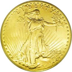 	1913-D $20 MS65 PCGS. The obverse has light yellow-gol 1913-D