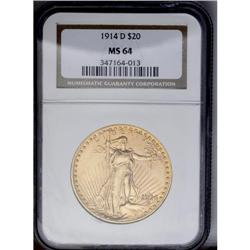 	1914-D $20 MS64 NGC. A beautiful pumpkin-orange double 1914-D