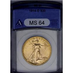 	1914-D $20 MS64 ANACS. Highly lustrous with the pebbly 1914-D