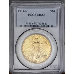 	1914-S $20 MS65 PCGS. Lustrous peach-gold surfaces are 1914-S