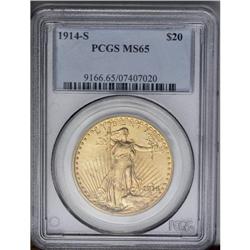 	1914-S $20 MS65 PCGS. Rich apricot-gold surfaces exhib 1914-S
