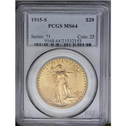 	1915-S $20 MS64 PCGS.From The Jackson Hole Collection. 1915-S