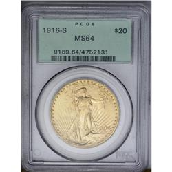 	1916-S $20 MS64 PCGS. This satiny green label near-Gem 1916-S