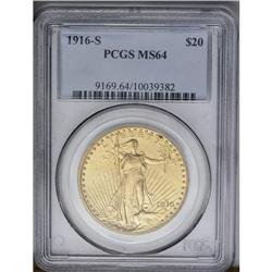 	1916-S $20 MS64 PCGS. Honey-gold patina overlies lustr 1916-S