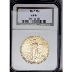 	1916-S $20 MS64 NGC. Vibrant luster radiates from bras 1916-S