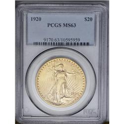 	1920 $20 MS63 PCGS. Nicely struck, with lustrous honey 1920