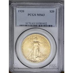 	1920 $20 MS63 PCGS. Bright and lustrous, with rich ton 1920