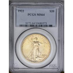 	1922 $20 MS64 PCGS. Bright luster radiates from peach- 1922