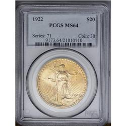 	1922 $20 MS64 PCGS. Mint-green and peach-gold colorati 1922