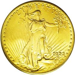 	1922 $20 MS65 PCGS. A satiny Gem with lustrous orange- 1922