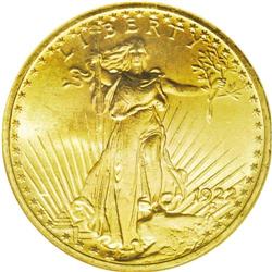 	1922 $20 MS65 NGC. This highly lustrous honey-gold Gem 1922