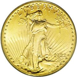 	1922 $20 MS65 PCGS. Fully lustrous with satiny yellow- 1922