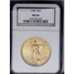 	1923 $20 MS64 NGC. Variegated orange-rose and mint-gre 1923