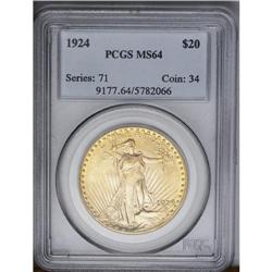 	1924 $20 MS64 PCGS. Lovely peach and green-gold toning 1924