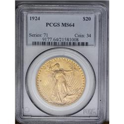 	1924 $20 MS64 PCGS. Boldly struck with softly frosted 1924
