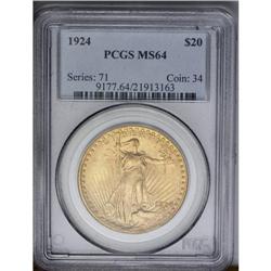 	1924 $20 MS64 PCGS. A layer of soft mint frost lies ov 1924