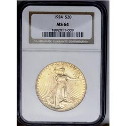 	1924 $20 MS64 NGC. A satiny near-Gem with lustrous yel 1924