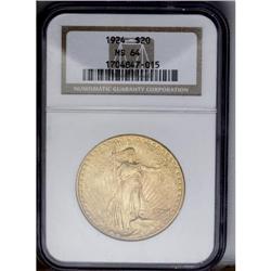 	1924 $20 MS64 NGC. The luster is somewhat subdued on t 1924