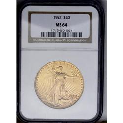 	1924 $20 MS64 NGC. Pretty copper-gold surfaces with be 1924