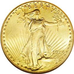 	1924 $20 MS66 NGC. Lovely peach-gold and mint-green to 1924