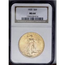 	1925 $20 MS64 NGC. Lustrous golden-yellow surfaces hav 1925