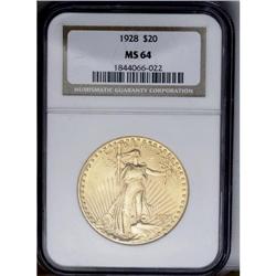 	1928 $20 MS64 NGC. An attractive light yellow-gold exa 1928