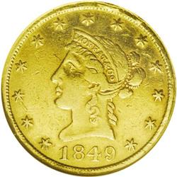 	1849 $10 Moffat & Co. Ten Dollar, "Ten Dol."--Cleaned- 1849