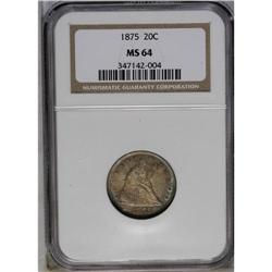 	1875 20C MS64 NGC. This satiny Choice twenty cent piec 1875