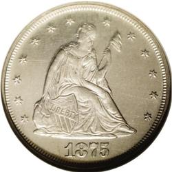 	1875 20C Cameo PR65 Cameo NGC. Moderately frosted moti 1875