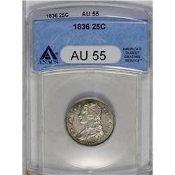 	1836 25C AU55 ANACS. B-2, R.2. Golden-brown and aquama 1836