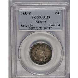 	1855-S 25C Arrows AU53 PCGS. A dusky mauve-gray piece 1855-S