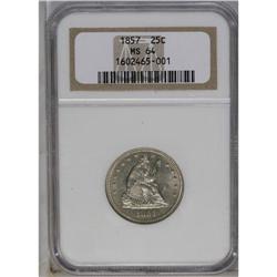 	1857 25C MS64 NGC. A virtually brilliant No Motto quar 1857