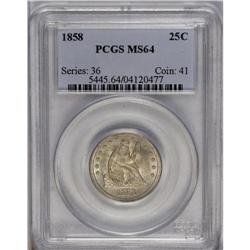 	1858 25C MS64 PCGS. This shimmering tan-gold near-Gem 1858