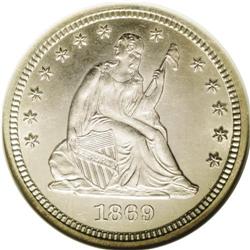 	1869 25C MS64 NGC. The 1869 quarter, with a mintage of 1869