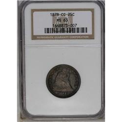 	1878-CC 25C MS63 NGC. Deep pumpkin-orange, navy-blue, 1878-CC