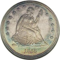 	1865 25C PR65 NGC. Luminous powder-blue, lemon-lime, a 1865