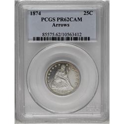 	1874 25C Arrows PR62 Cameo PCGS. Dramatic ice-white de 1874