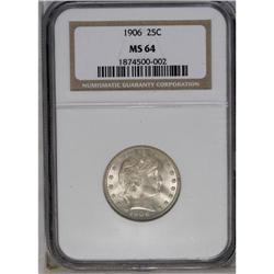 	1906 25C MS64 NGC. Gentle chestnut-gray tones endow th 1906