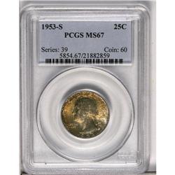 	1953-S 25C MS67 PCGS. Marvelous olive-brown and powder 1953-S