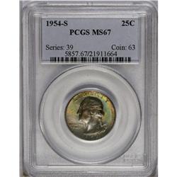 	1954-S 25C MS67 PCGS. Imposing emerald-green and rose 1954-S