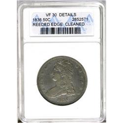 	1836 50C Reeded Edge--Cleaned--ANACS. VF30 Details. La 1836