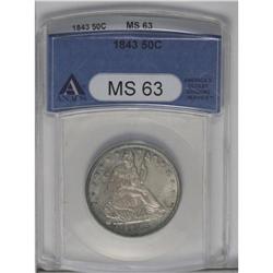 	1843 50C MS63 ANACS. Exquisitely struck, save for mino 1843