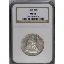 	1861 50C MS61 NGC. A crisply struck Civil War Seated h 1861
