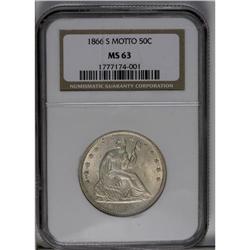 	1866-S 50C Motto MS63 NGC. Light beige and pale aprico 1866-S