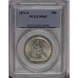 	1871-S 50C MS62 PCGS. Silver-gray surfaces exhibit sof 1871-S