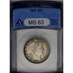 	1892 50C MS63 ANACS. This razor-sharp first-year Barbe 1892