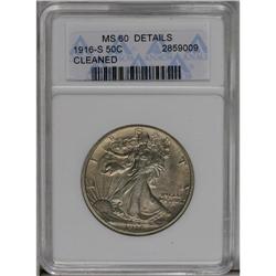 	1916-S 50C --Cleaned--ANACS. MS60 Details. This low min 1916-S