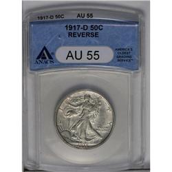 	1917-D 50C Reverse AU55 ANACS. Even highpoint wear is 1917-D